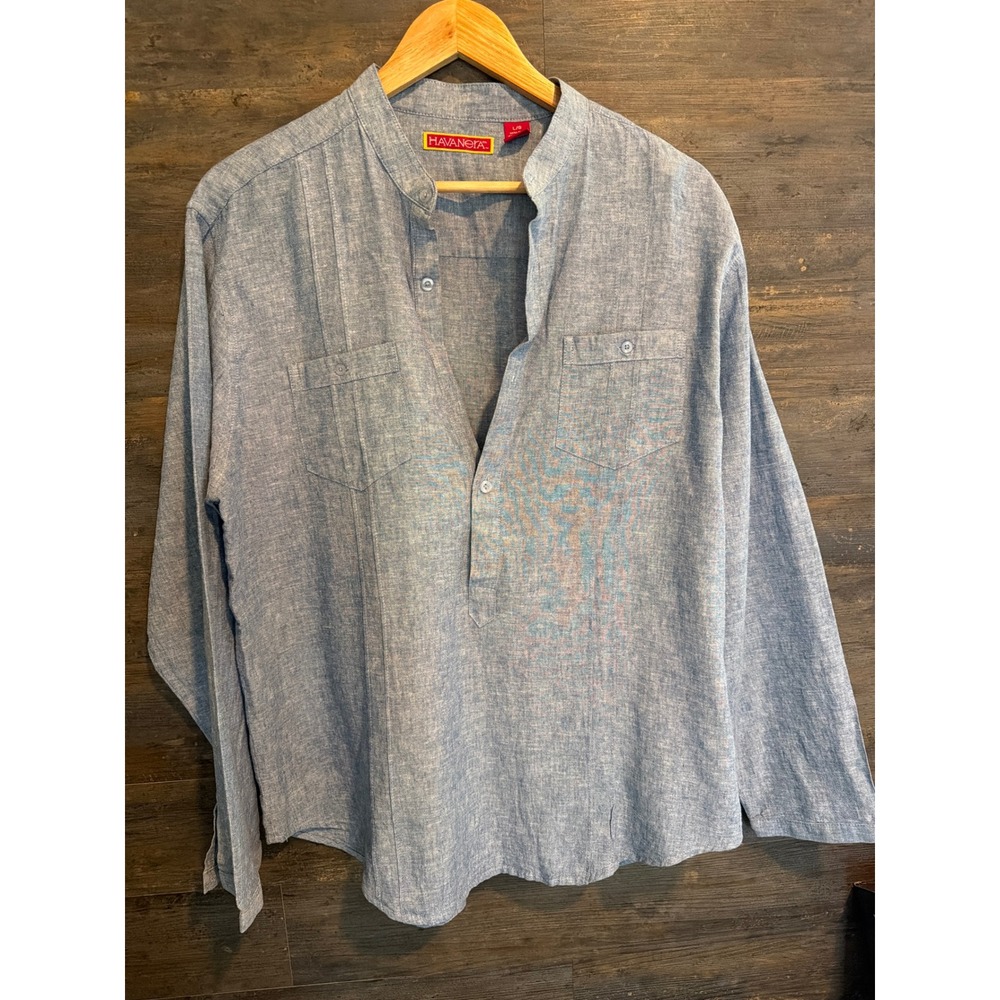 Havanera Co Linen Blend Henley Shirt Blue Long Sleeve Band Collar Top Large
